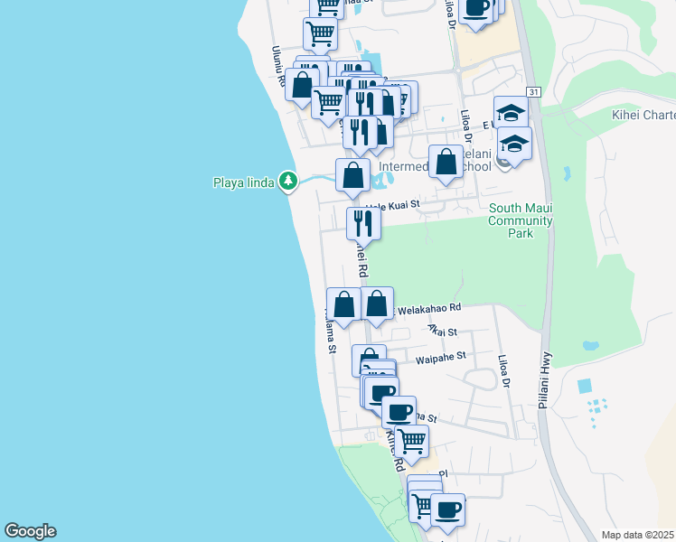 map of restaurants, bars, coffee shops, grocery stores, and more near 1545 North Alaniu Place in Kihei