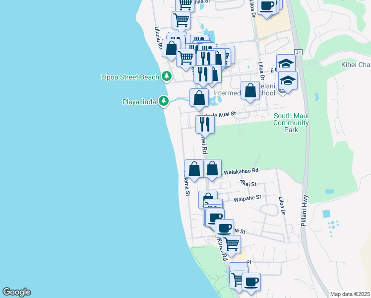 map of restaurants, bars, coffee shops, grocery stores, and more near 1539 Halama Street in Kihei