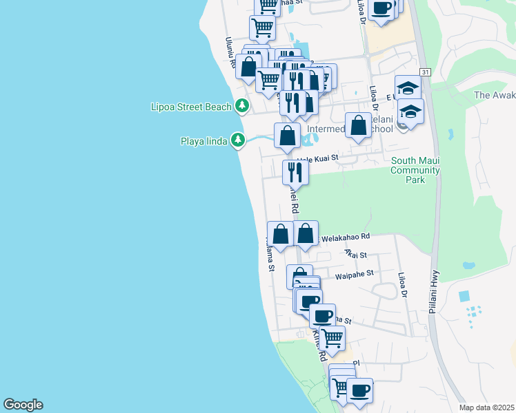 map of restaurants, bars, coffee shops, grocery stores, and more near 1536 Halama Street in Kihei