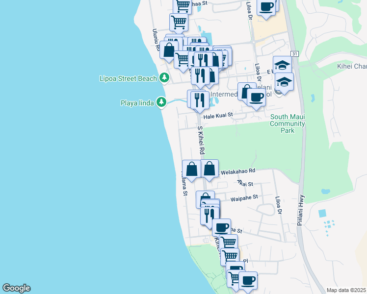 map of restaurants, bars, coffee shops, grocery stores, and more near 1539 Halama Street in Kihei