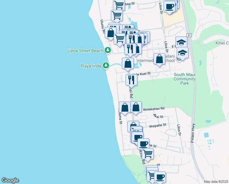 map of restaurants, bars, coffee shops, grocery stores, and more near 1520 Halama Street in Kihei