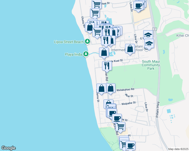 map of restaurants, bars, coffee shops, grocery stores, and more near 1520 Halama Street in Kihei