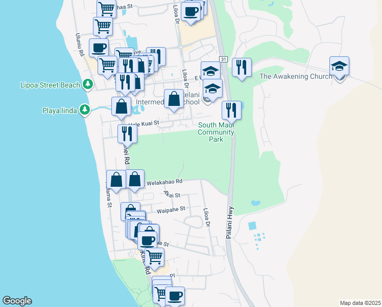 map of restaurants, bars, coffee shops, grocery stores, and more near 175 East Welakahao Road in Kihei