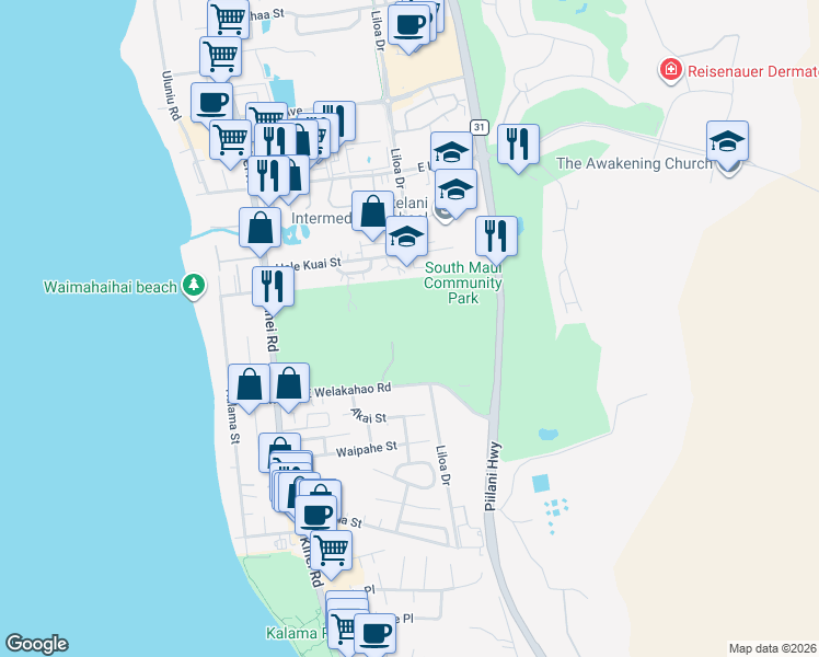 map of restaurants, bars, coffee shops, grocery stores, and more near 175 East Welakahao Road in Kihei