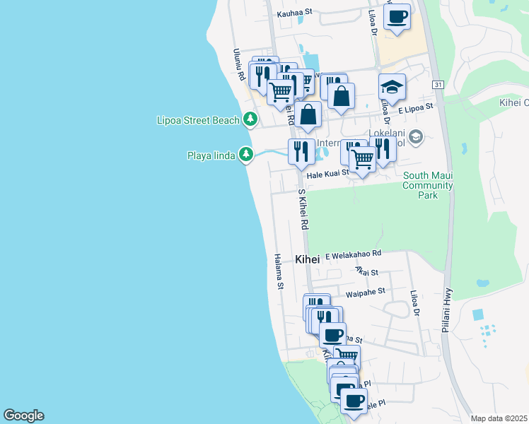 map of restaurants, bars, coffee shops, grocery stores, and more near 1506 Halama Street in Kihei