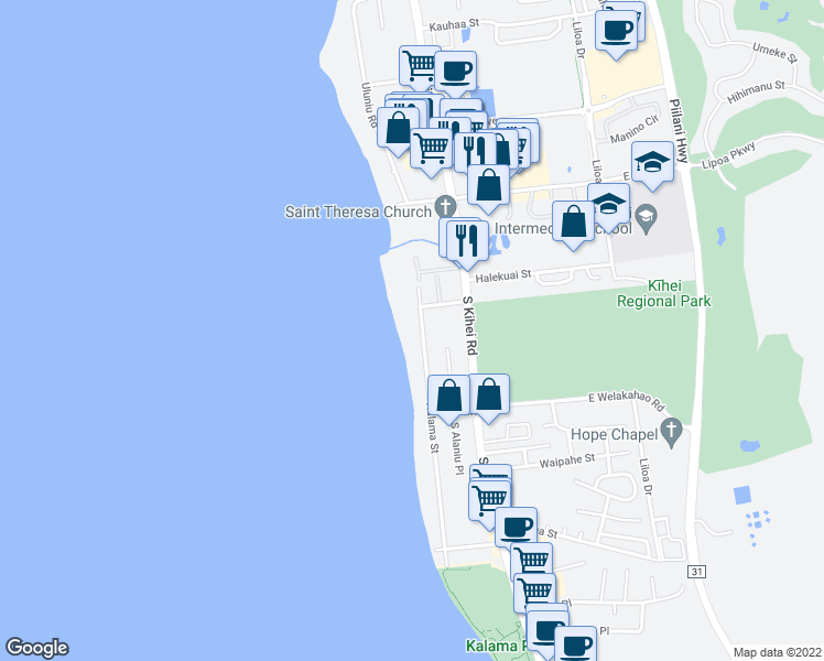 map of restaurants, bars, coffee shops, grocery stores, and more near 1498 Halama Street in Kihei