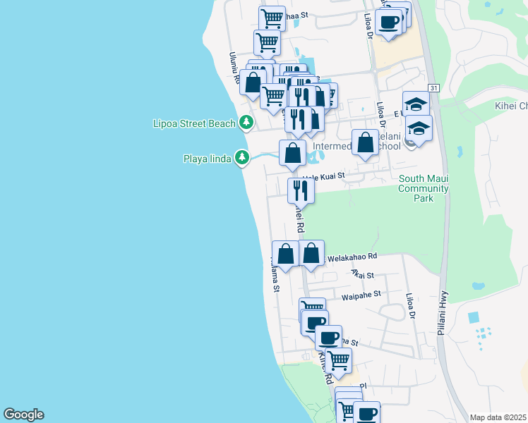 map of restaurants, bars, coffee shops, grocery stores, and more near 1506 Halama Street in Kihei