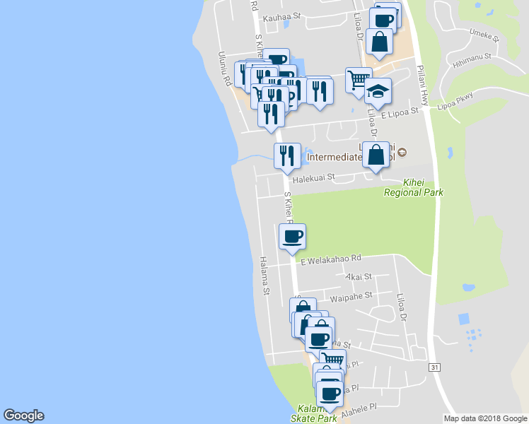 map of restaurants, bars, coffee shops, grocery stores, and more near 45 Waiohuli Street in Kihei