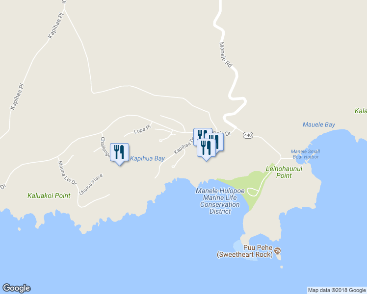 map of restaurants, bars, coffee shops, grocery stores, and more near 121 Kapihaa Drive in Lanai City