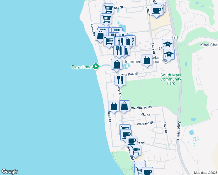 map of restaurants, bars, coffee shops, grocery stores, and more near 1501 Halama Street in Kihei