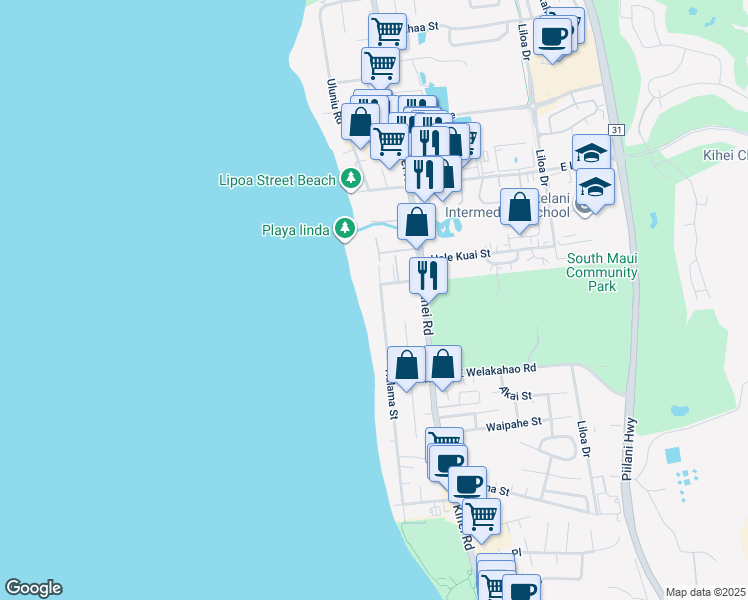 map of restaurants, bars, coffee shops, grocery stores, and more near 1498 Halama Street in Kihei