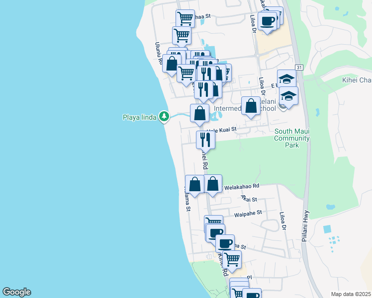 map of restaurants, bars, coffee shops, grocery stores, and more near 45 Waiohuli Street in Kihei