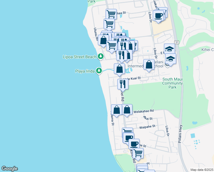 map of restaurants, bars, coffee shops, grocery stores, and more near 1470 Halama Street in Kihei