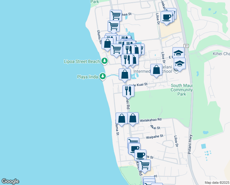 map of restaurants, bars, coffee shops, grocery stores, and more near 50 Waiohuli Street in Kihei