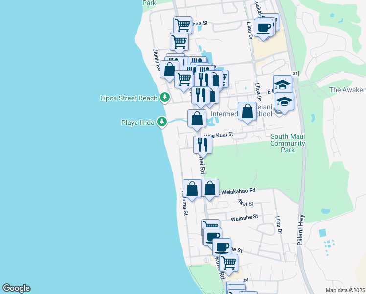 map of restaurants, bars, coffee shops, grocery stores, and more near 50 Waiohuli Street in Kihei