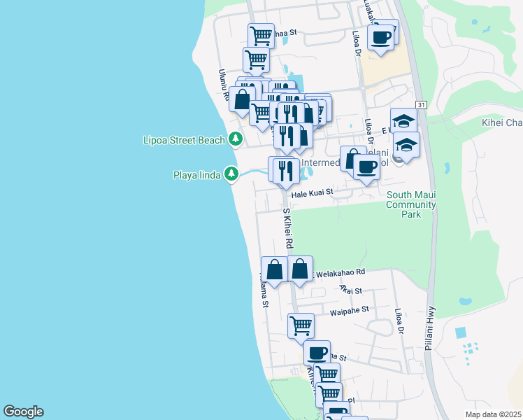 map of restaurants, bars, coffee shops, grocery stores, and more near 50 Waiohuli Street in Kihei