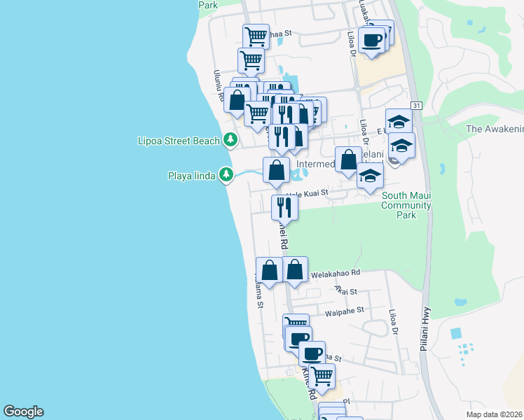 map of restaurants, bars, coffee shops, grocery stores, and more near 40 Waiohuli Street in Kihei
