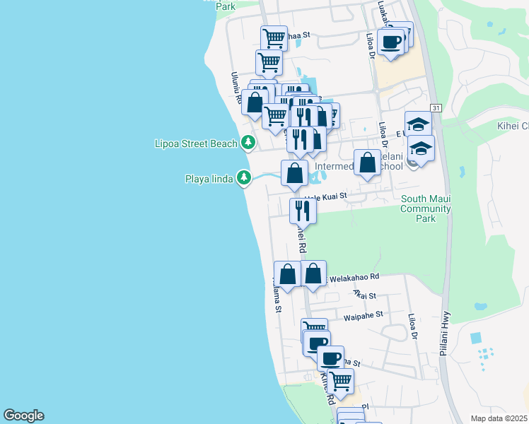 map of restaurants, bars, coffee shops, grocery stores, and more near 1464 Halama Street in Kihei