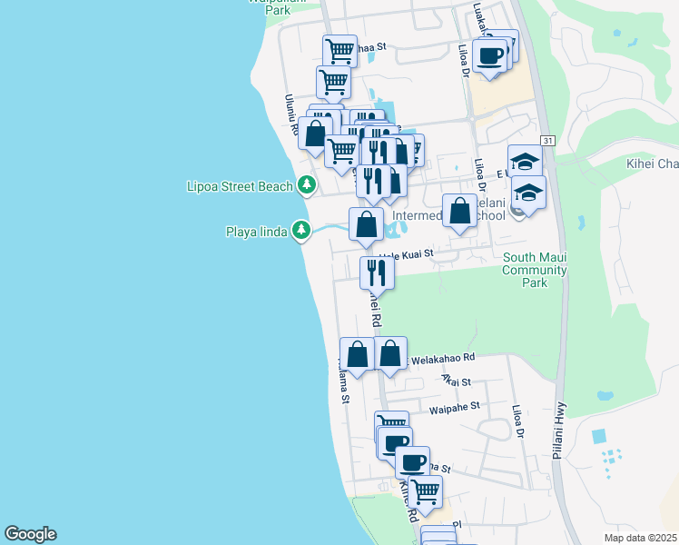 map of restaurants, bars, coffee shops, grocery stores, and more near 1463 Halama Street in Kihei