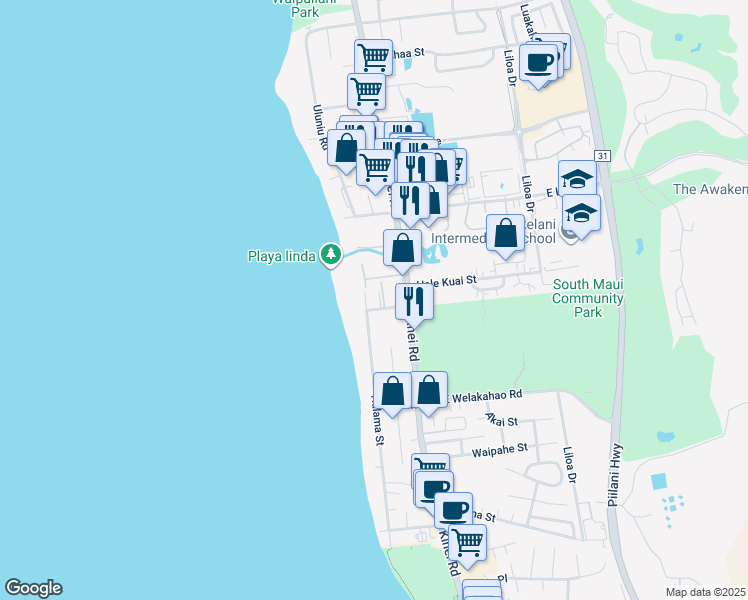map of restaurants, bars, coffee shops, grocery stores, and more near 1463 Halama Street in Kihei