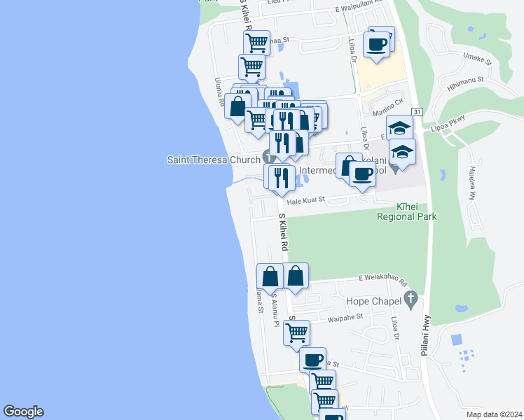 map of restaurants, bars, coffee shops, grocery stores, and more near 40 Waiohuli Street in Kihei