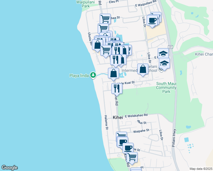 map of restaurants, bars, coffee shops, grocery stores, and more near 47 West Kapu Place in Kihei