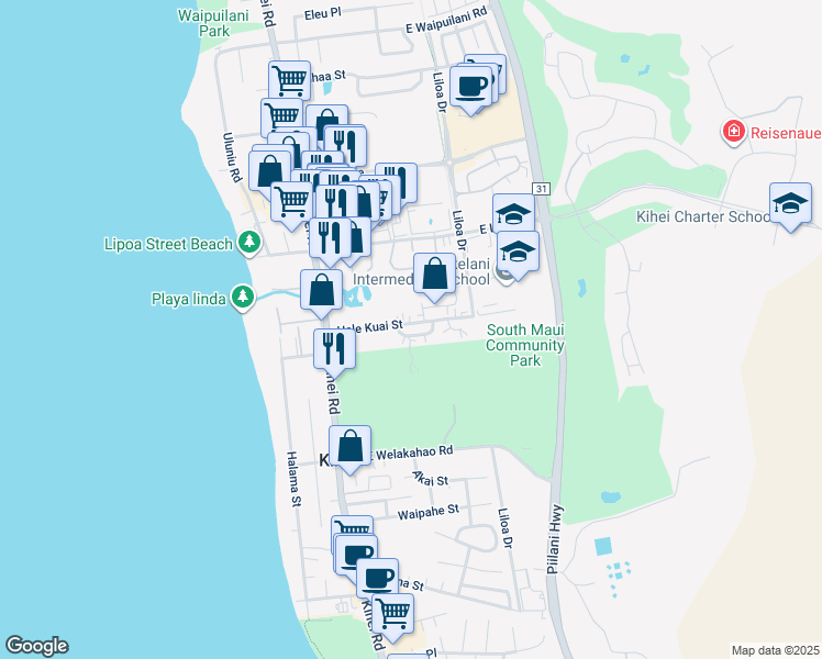 map of restaurants, bars, coffee shops, grocery stores, and more near 115 Kio Loop in Kihei