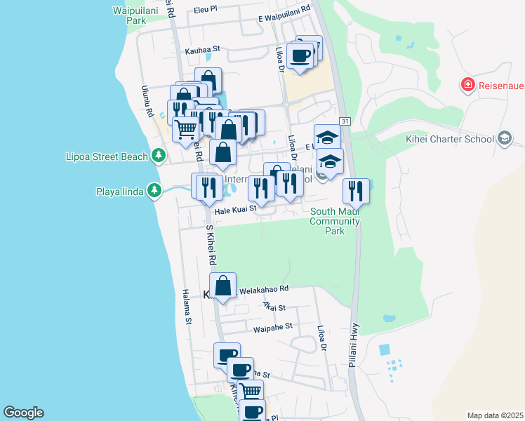 map of restaurants, bars, coffee shops, grocery stores, and more near 115 Kio Loop in Kihei