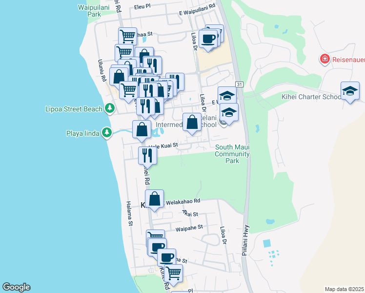 map of restaurants, bars, coffee shops, grocery stores, and more near 115 Kio Loop in Kihei