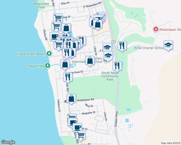 map of restaurants, bars, coffee shops, grocery stores, and more near 138 Kio Loop in Kihei