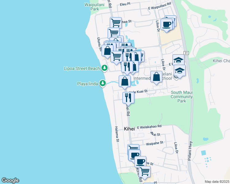 map of restaurants, bars, coffee shops, grocery stores, and more near 51 West Kapu Place in Kihei