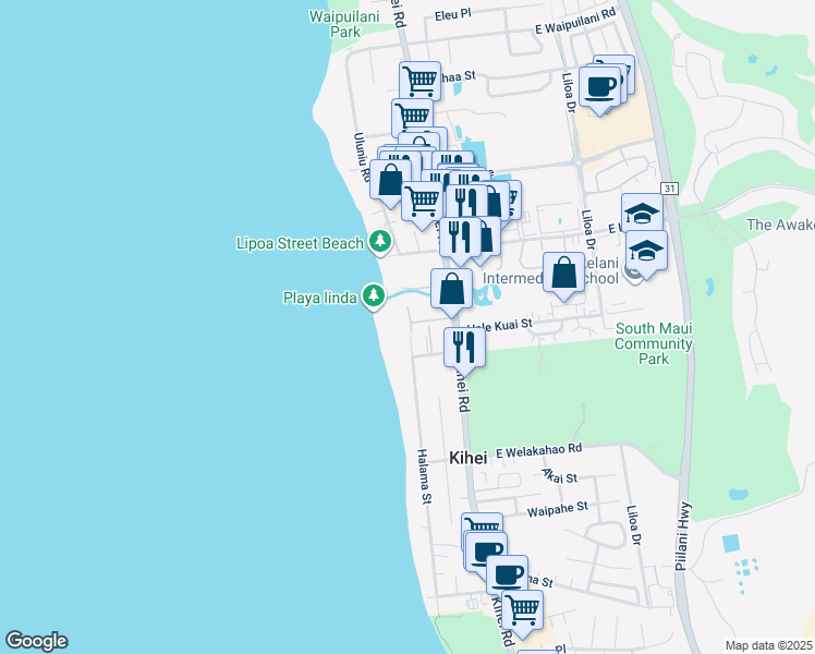 map of restaurants, bars, coffee shops, grocery stores, and more near 65 West Kapu Place in Kihei