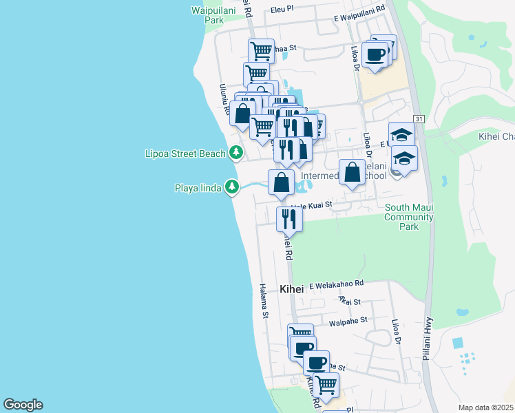 map of restaurants, bars, coffee shops, grocery stores, and more near 47 West Kapu Place in Kihei