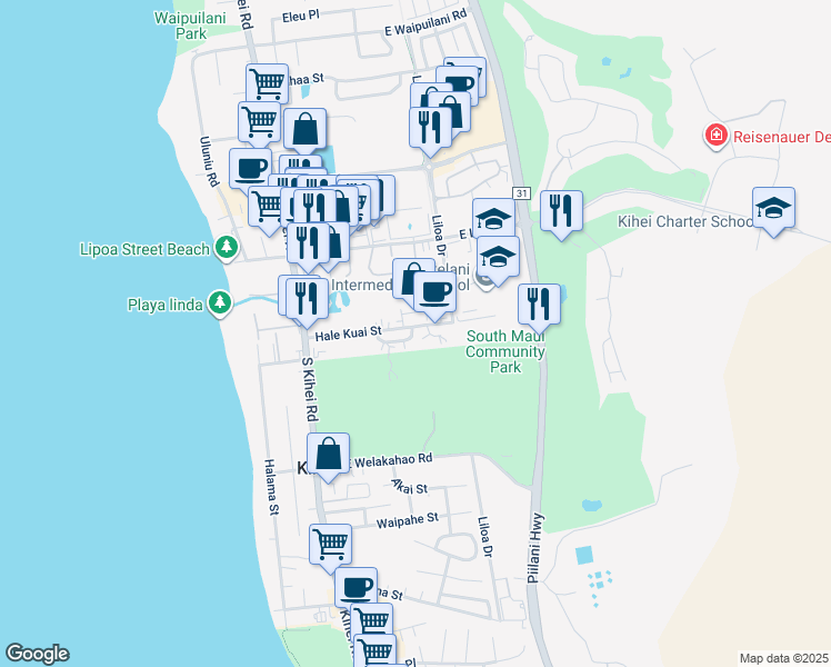 map of restaurants, bars, coffee shops, grocery stores, and more near 138 Kio Loop in Kihei