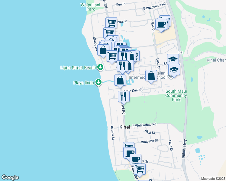 map of restaurants, bars, coffee shops, grocery stores, and more near 40 Waiohuli Street in Kihei