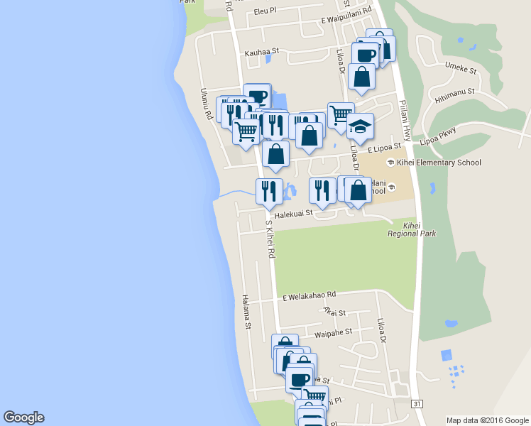 map of restaurants, bars, coffee shops, grocery stores, and more near 1450 South Kihei Road in Kihei