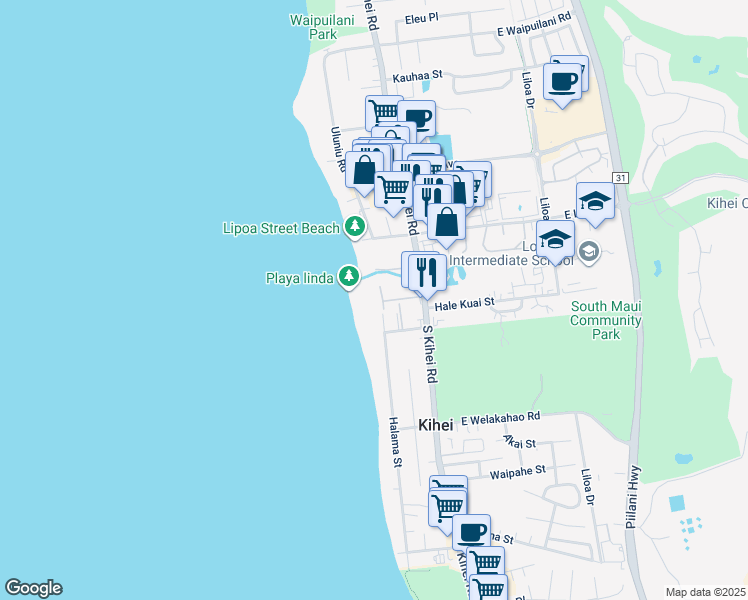 map of restaurants, bars, coffee shops, grocery stores, and more near 65 West Kapu Place in Kihei