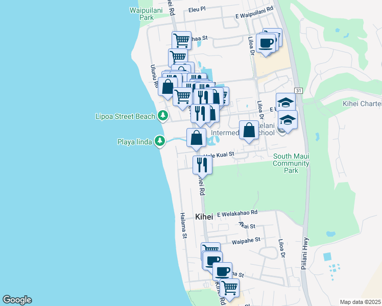 map of restaurants, bars, coffee shops, grocery stores, and more near 51 West Kapu Place in Kihei
