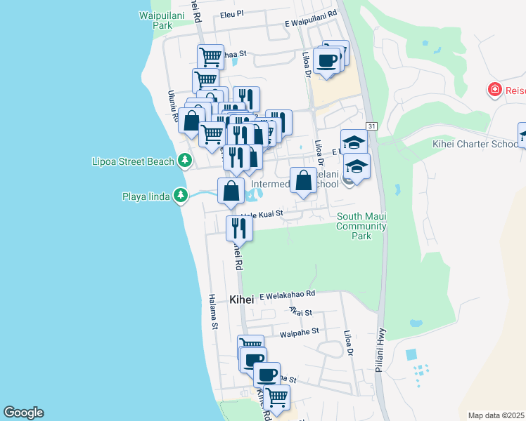 map of restaurants, bars, coffee shops, grocery stores, and more near 61 Hale Kuai Street in Kihei