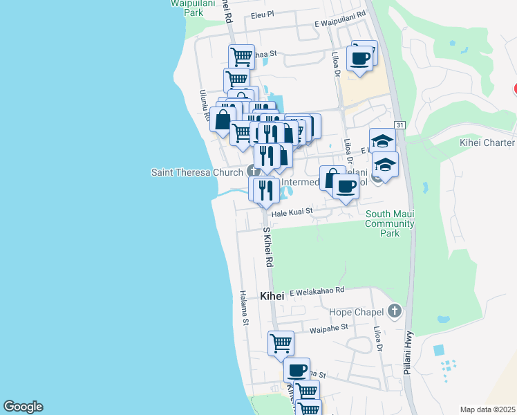 map of restaurants, bars, coffee shops, grocery stores, and more near 47 West Kapu Place in Kihei