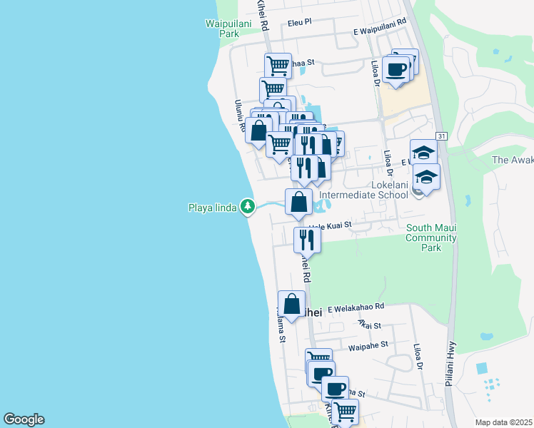 map of restaurants, bars, coffee shops, grocery stores, and more near 83 West Kapu Place in Kihei