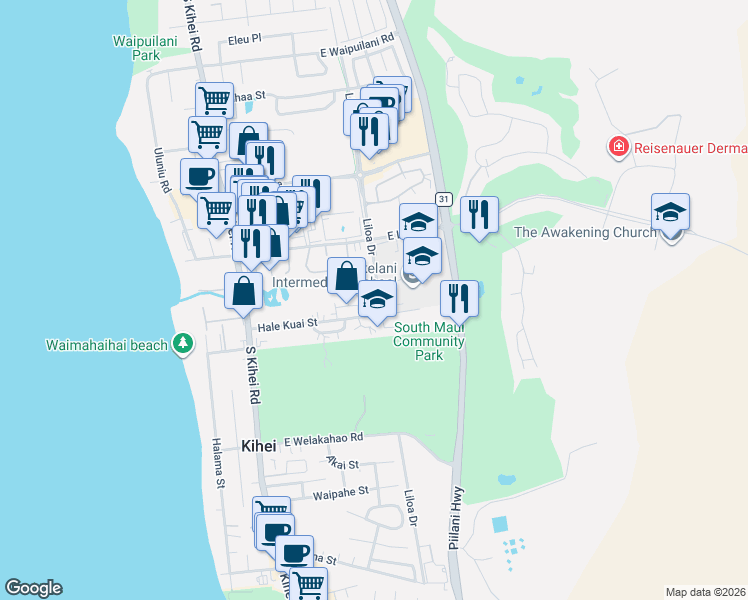 map of restaurants, bars, coffee shops, grocery stores, and more near 1408 Liloa Drive in Kihei