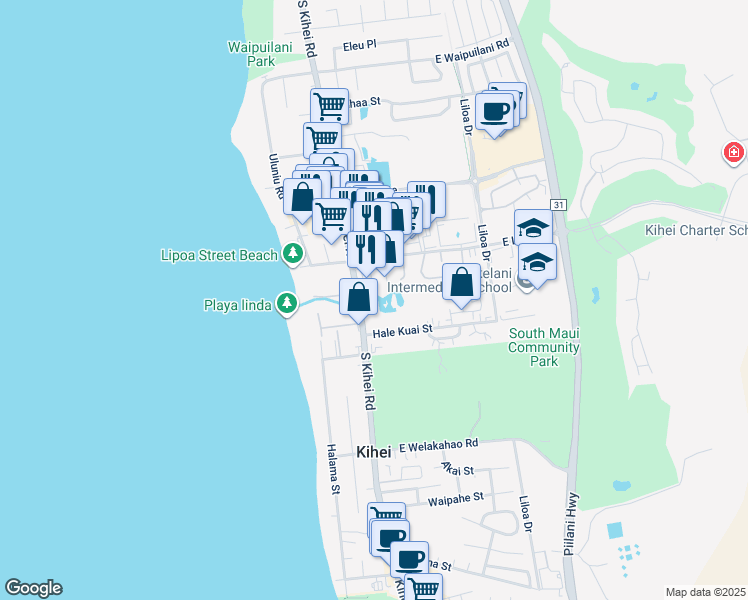 map of restaurants, bars, coffee shops, grocery stores, and more near 26 Kai Ani Ln in Kihei