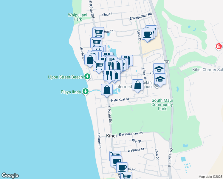 map of restaurants, bars, coffee shops, grocery stores, and more near 30 Kai Ani Ln in Kihei