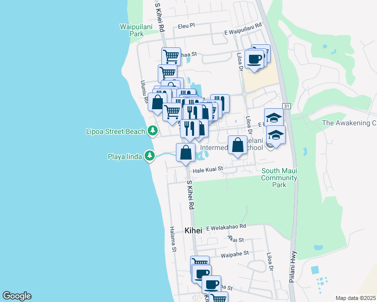 map of restaurants, bars, coffee shops, grocery stores, and more near 29 Kai Ani Ln in Kihei