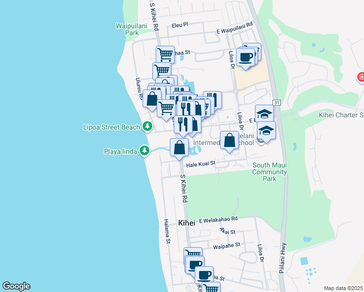 map of restaurants, bars, coffee shops, grocery stores, and more near 29 Kai Ani Ln in Kihei