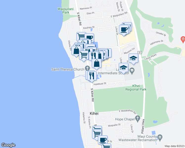 map of restaurants, bars, coffee shops, grocery stores, and more near 30 Kai Ani Ln in Kihei