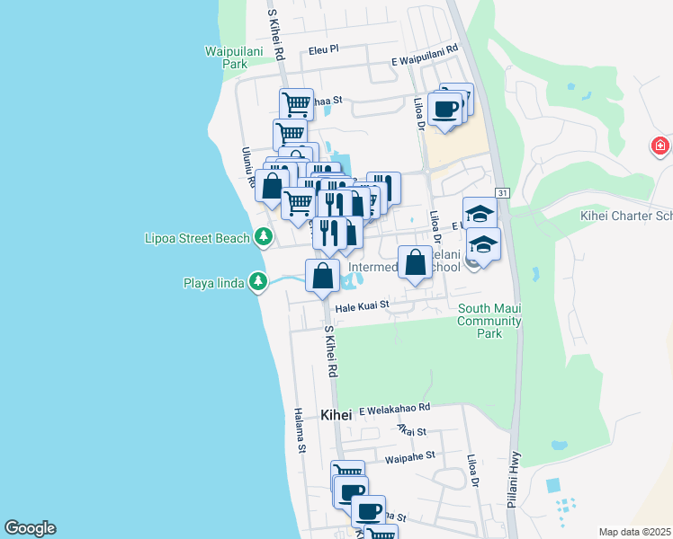 map of restaurants, bars, coffee shops, grocery stores, and more near 35 Hune One Lane in Kihei