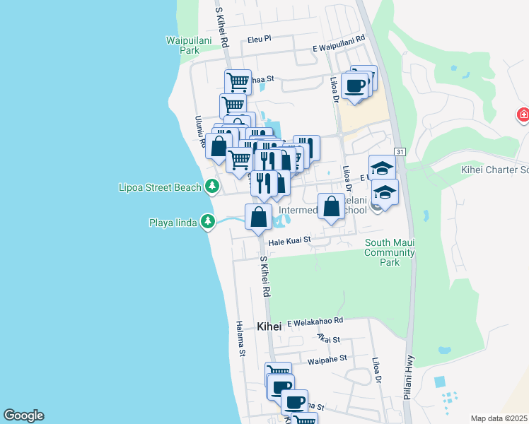 map of restaurants, bars, coffee shops, grocery stores, and more near 28 Kai Ani Ln in Kihei