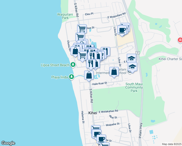 map of restaurants, bars, coffee shops, grocery stores, and more near 29 Kai Ani Ln in Kihei